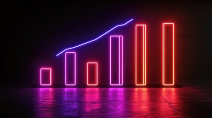 Poster - Digital bar graph with neon lights on a dark background, displaying a futuristic approach to financial data and analytics