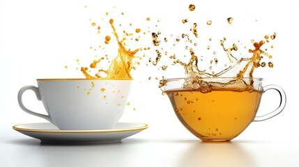 Aufkleber - cups of tea creating splashes on a white background generative ai