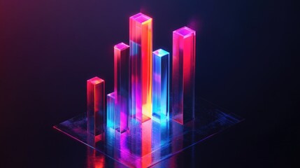 Poster - Isometric stacked bar graph in bright colors with a reflective base, representing data analysis and progress tracking