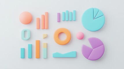 Poster - Minimalist pie charts and bar graphs with bright colors on a clean white background, representing data visualization and analysis