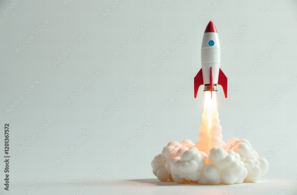 3d model of a rocket taking off on a light background with copy space ...
