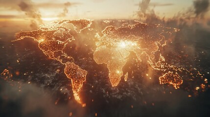 Aufkleber - Glowing world map at sunset, global network concept.