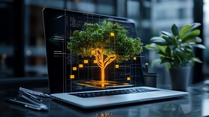 digital tree growing on laptop screen, office background, tech sustainability concept, website banne