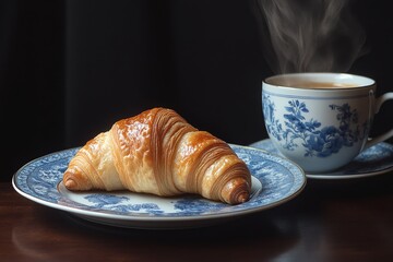 Wall Mural - Freshly baked croissant and steaming coffee on a blue floral plate in a cozy setting