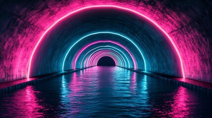 Aufkleber - Neon tunnel with pink and blue lights reflecting on water.