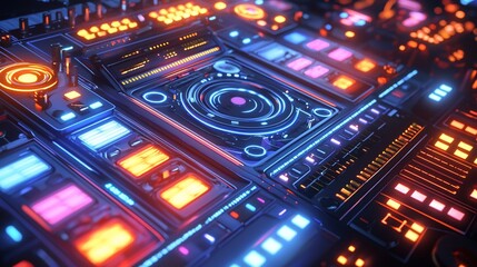 Poster - Futuristic DJ console with glowing controls and vibrant lights.