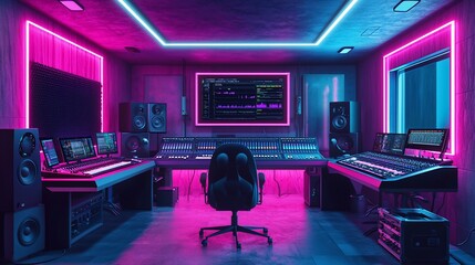 Aufkleber - Neon-lit modern music recording studio with mixing console, monitors, and computer workstations.
