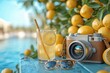 © Bundi - Lemonade, sunglasses, and a camera on a wooden background at a summer street food festival, flat lay style. Space for text. Captures summer travel and wanderlust feelings. A hello summer vacation top