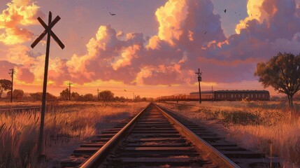 Poster - Sunset view of railway tracks glowing in golden light, leading into the horizon with soft clouds and warm colors in the sky