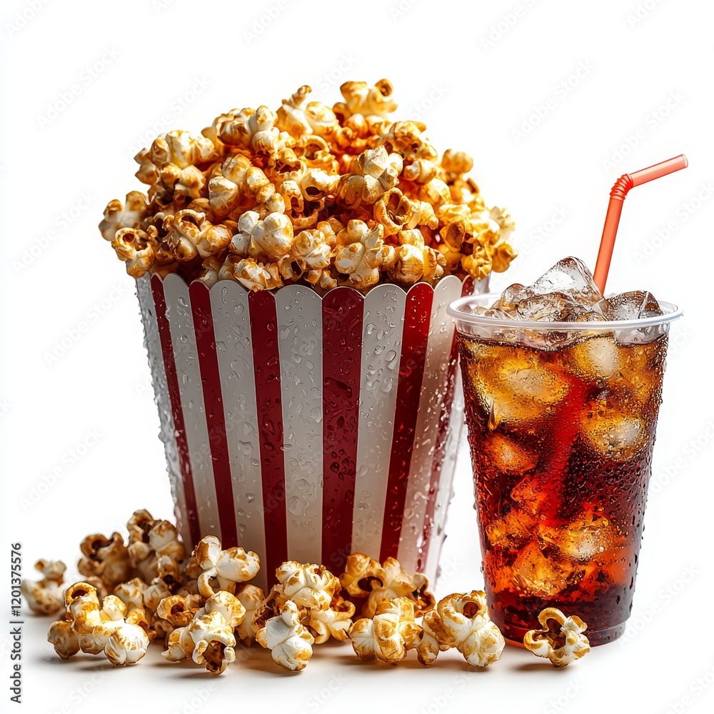 Popcorn Cola Popcorn in a striped bucket and cola in a takeaway cup, mockup isolated ...