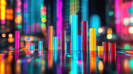 Poster - Various D bar graphs with different colors and heights on a reflective surface, symbolizing statistical data and information graphics