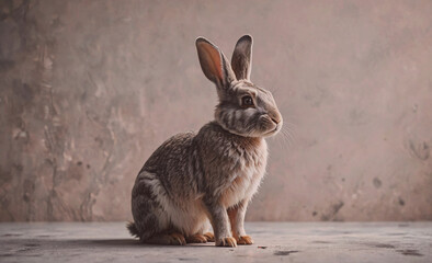 Poster - A rabbit is sitting on a concrete floor. The rabbit is looking at the camera. The rabbit is small and furry