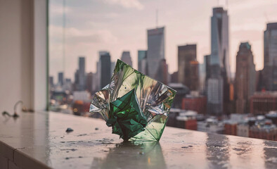 Poster - A piece of green plastic is sitting on a window sill in a city. The plastic is a cube and is reflecting the city skyline. The scene is quiet and peaceful, with the city in the background