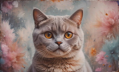 Poster - A cat with a yellow nose and green eyes is staring at the camera. The cat is sitting in front of a colorful background with flowers