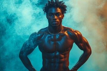 a muscular athlete training in a dimly lit setting. a powerful bodybuilder working out