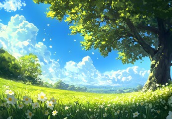 Wall Mural - Sunny Day Field Of Daisies Underneath A Large Tree