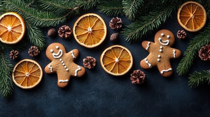 Wall Mural - Festive arrangement of gingerbread cookies and dried orange slices surrounded by pine branches