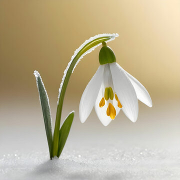 A snowdrop flower, its frosted petals glistening delicately.