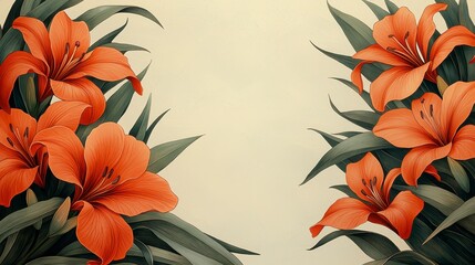 Wall Mural - Orange lilies floral frame on beige background.