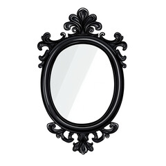 Poster - A black oval mirror with an intricately designed frame sits against a white background.  The ornate frame is a prominent feature.