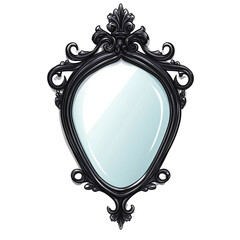 Poster - A highly detailed illustration showcases an ornate black mirror frame with a rococo or baroque design, exhibiting intricate carvings and elegant curves.
