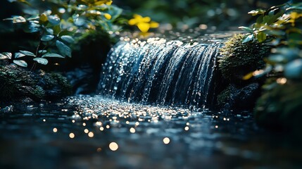 Wall Mural - Serene waterfall cascading over mossy rocks in lush greenery.