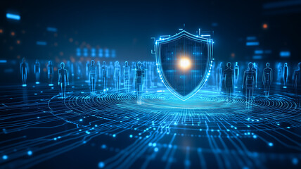 Poster - Cybersecurity Shield: A glowing, futuristic shield stands tall, protecting a network of digital silhouettes on a futuristic circuit board background.