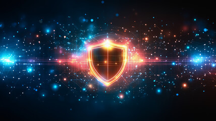 Poster - Cybersecurity Shield: A glowing, futuristic shield emblem pulsates with energy, symbolizing robust protection and digital security in a dynamic, abstract background.