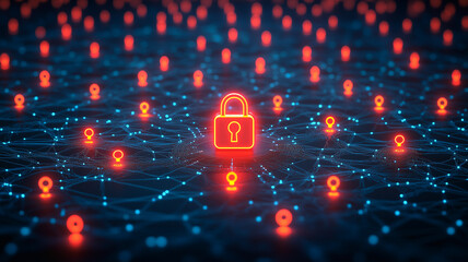 Poster - Cybersecurity Network: A glowing padlock icon stands out amidst a sea of interconnected nodes.
