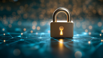 Poster - Cybersecurity Lock:  A gleaming padlock, subtly illuminated, sits at the nexus of a glowing network, symbolizing digital security and data protection in a visually striking image. 