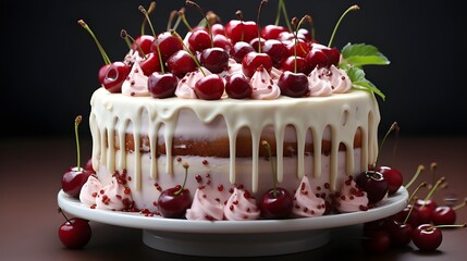 Wall Mural - A delicate Lambeth style birthday cake with intricate white cream cheese frosting and topped with cocktail cherries, beautifully presented against a white background, captured in HD detail.