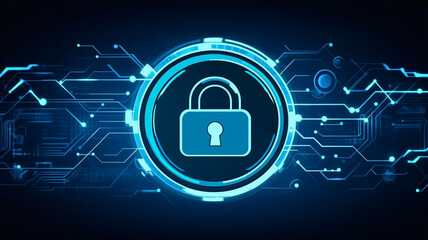 Poster - Digital Security Shield: A gleaming padlock icon, nestled within a luminous blue circle,  shimmers against a backdrop of intricate digital circuitry.