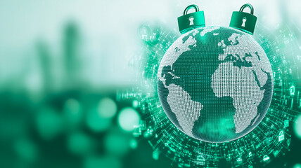 Poster - Global Security: A digital representation of the Earth, rendered in a cool green hue, is safeguarded by two imposing digital locks. This symbolic image evokes a sense of safety, security.