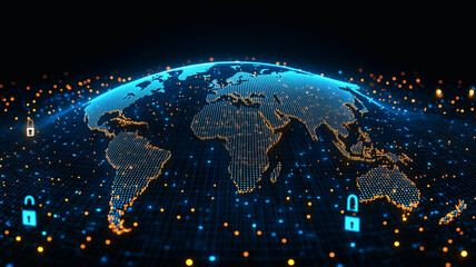 Poster - Global Cybersecurity Network: A digital rendering of the Earth, encased in a network of glowing nodes and secure padlocks, symbolizes global cybersecurity and data protection.