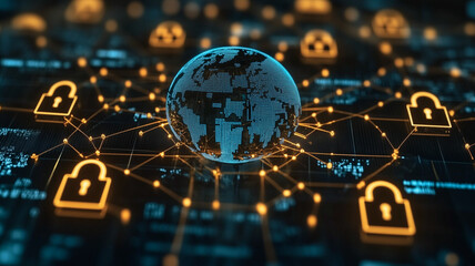 Poster - Global Cyber Security: A 3D rendering of a globe surrounded by glowing padlock symbols connected by lines, signifying the importance of cybersecurity and data protection in our interconnected world.