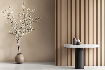 Poster - Modern entryway with a marble console table, wooden wall cladding, and minimalist decor for a welcoming atmosphere. interior design concept 