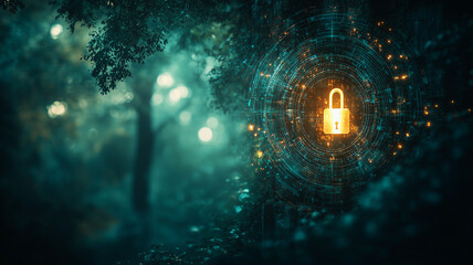 Poster - Enchanted Forest Security: A glowing padlock icon, symbolizing digital security, emerges from a mystical forest scene. The image blends natural beauty with technological protection.