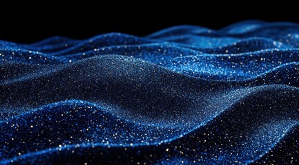 Wall Mural - Abstract background with blue glitter waves, close-up. Glittering sand on the surface of water in dark tones. 