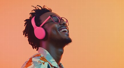 Wall Mural - Happy young man in glasses wearing pink headphones, laughing while listening to music 