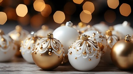 Wall Mural - A close-up shot of a beautifully arranged composition of gold and white Christmas balls and decorations, creating an elegant holiday pattern with a winter vibe and clean copy space.