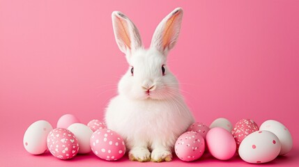 In a vibrant pink environment, a fluffy white rabbit sits gracefully among an array of pastel pink and white speckled easter eggs, embodying the spirit of spring and festivity