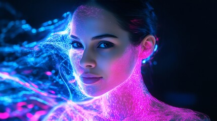 Poster - Digital Soul. Portrait Of Young Woman, Colorful Sparks Flow, Art, Beautiful, Sci-Fi, Concept