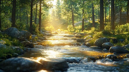 Sticker - Sunlit stream flowing through a lush forest.