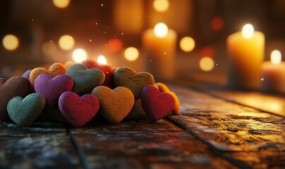 Wall Mural - A cluster of colorful hearts atop a ornate wooden table near flickering candlelight, heartwarming, sweet, cozy