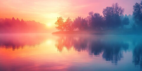 Poster - A serene photo capturing the beauty of sunrise on a river during morning time, showcasing the tranquil reflections and vibrant colors that characterize a peaceful sunrise on the river.