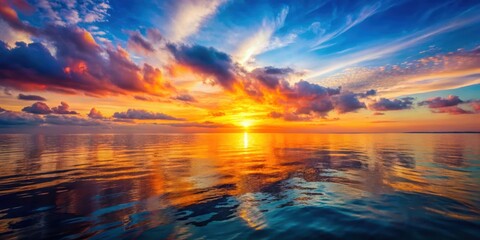 Wall Mural - Vibrant sunset reflecting on the calm ocean surface, sunset, vibrant, colorful, sky, ocean, reflection, calm, serene, tranquil