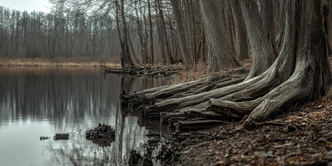 Poster - Dead tree trunks line the shoreline of a serene pond within a forest park, creating a striking visual that highlights the beauty of nature s decay near the tranquil waters of the pond.