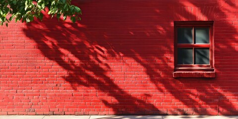 Fototapete - Vibrant summer shadows cast dramatically against a red brick wall backdrop create a striking visual effect, emphasizing the intense interplay of light and texture.