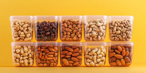 Poster - Closeup view showcasing a variety of delicious nuts presented in transparent plastic containers, beautifully set against a vibrant yellow background, highlighting the appeal of these tasty nuts.