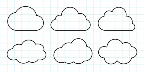 simple cloud illustrations on grid paper. eight cloud designs, each cloud outlined in black. clouds 